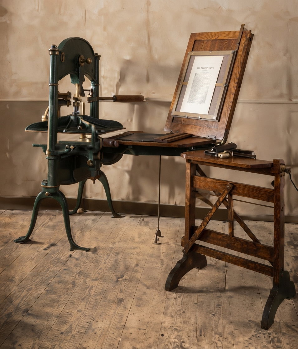 Early iron hand press with its tympan raised