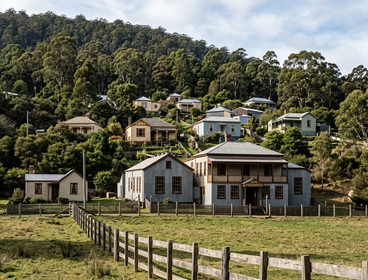 A VIEW AT WARBURTON. PRINTING PLANT IN THE FOREGROUND; RESIDENCES ON THE HILLSIDE