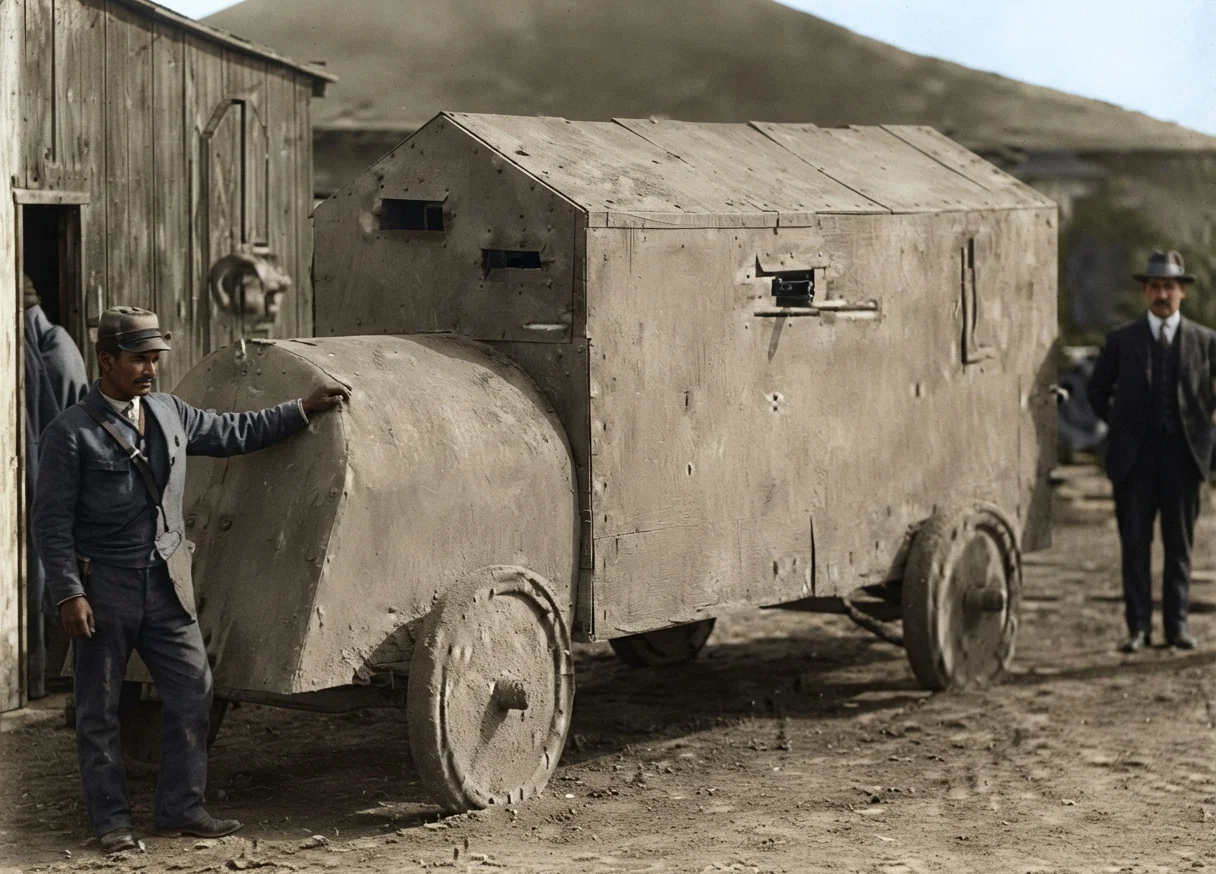 AN ARMORED AUTOMOBILE, CARRYING SEVEN MACHINE GUNS, USED BY THE MEXICANS IN THEIR FIGHTING
