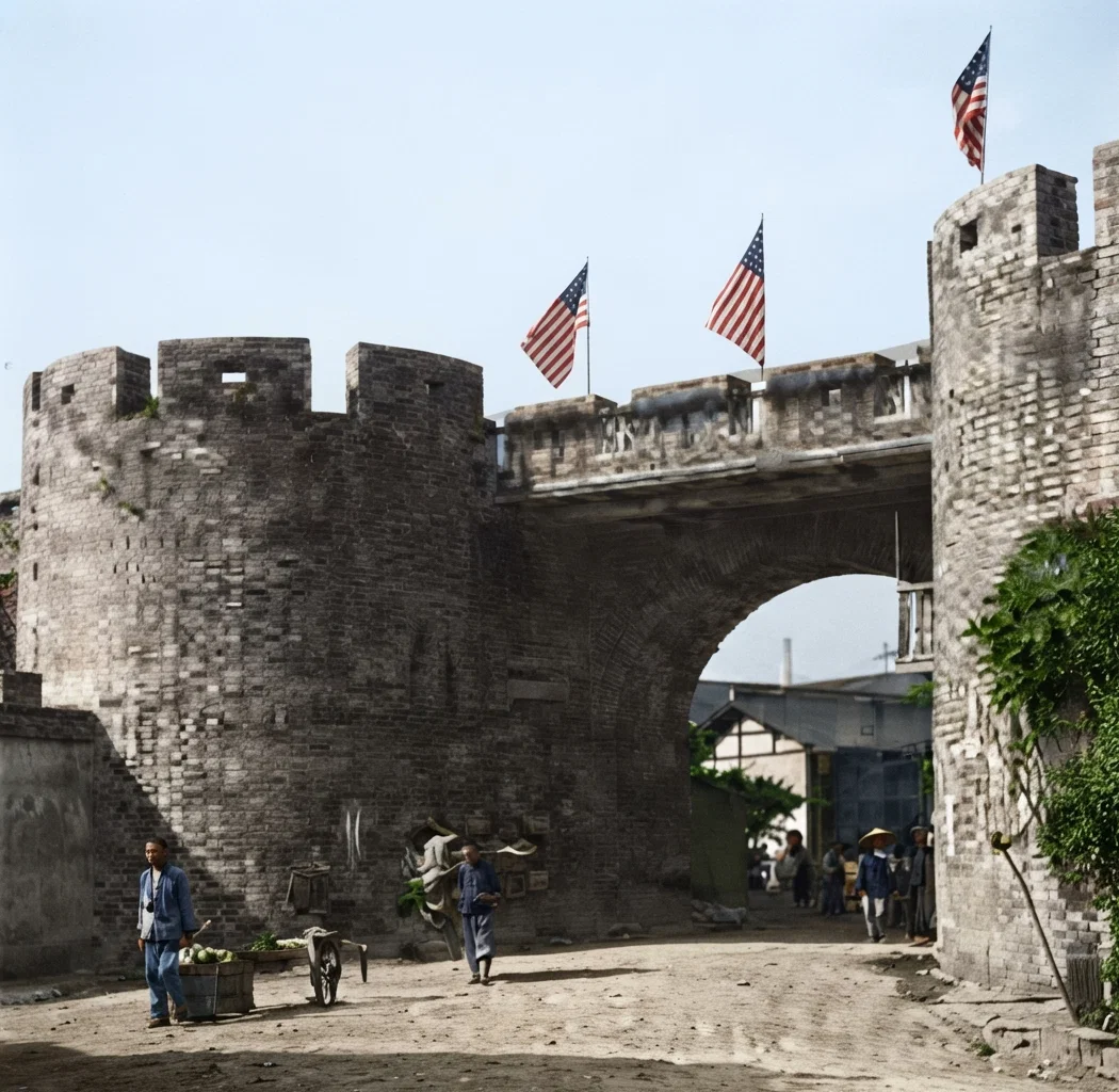 Gate of the Kiang Nan arsenal, Shanghai, with rebel flags floating