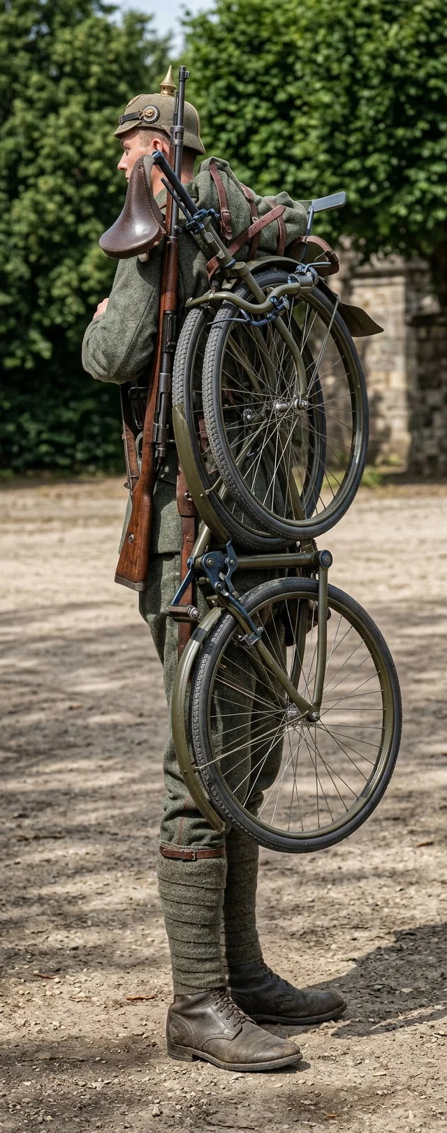 COLLAPSIBLE MILITARY BICYCLE
One of the latest equipments of the German army. When he gets into places where he cannot ride, the soldier can quickly pack his bicycle, and carry it on his back until he reaches ground over which he can ride again.