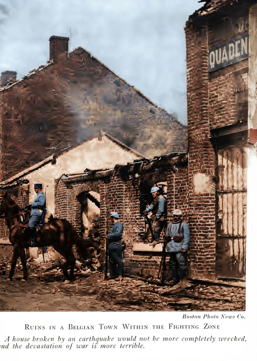 RUINS IN A BELGIAN TOWN WITHIN THE FIGHTING ZONE A house broken by an earthquake would not be more completely wrecked, and the devastation of war is more terrible.