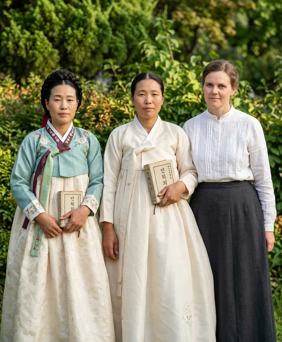 MISS MIMI SCHARFENBERG AND HER TWO KOREAN BIBLE GIRLS