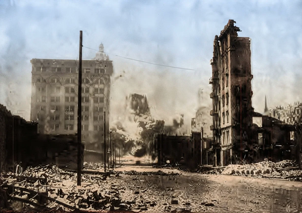 Dynamiting the Great Central Lodging-house, Third and Mission Streets, San Francisco.