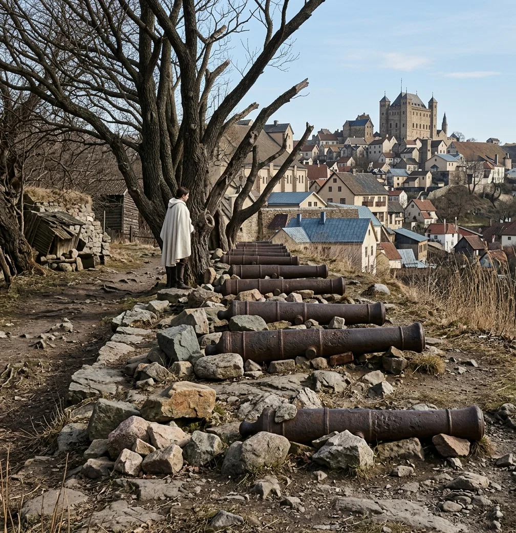 THE ROYAL BATTERY—THE QUEEN'S PALACE IN THE DISTANCE.