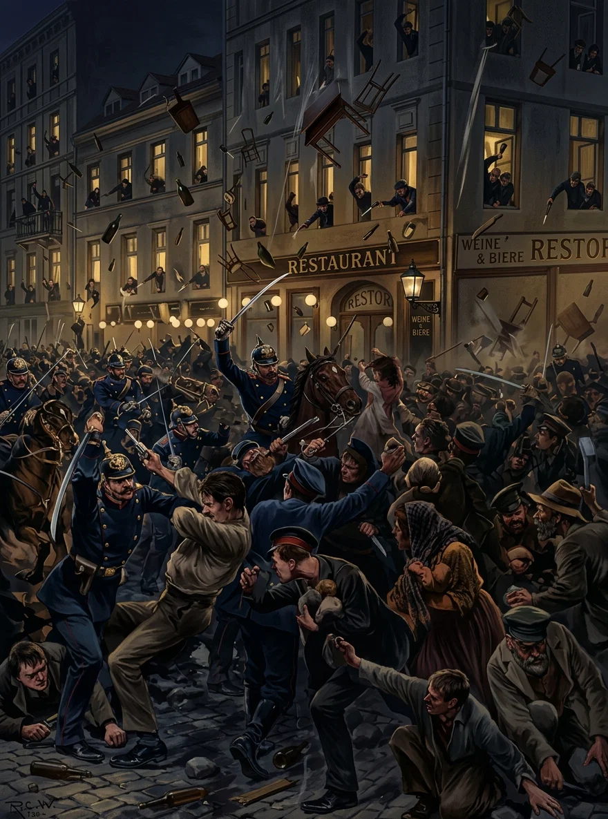 Berlin police in conflict with strikers and their supporters in the Moabit quarter of the city. The police have deemed it necessary to use both swords and revolvers. The strikers and their sympathizers used everything which could be used to hurl at the police — sticks, stones, bottles, chairs. In some cases the strikers extinguished the street lights.