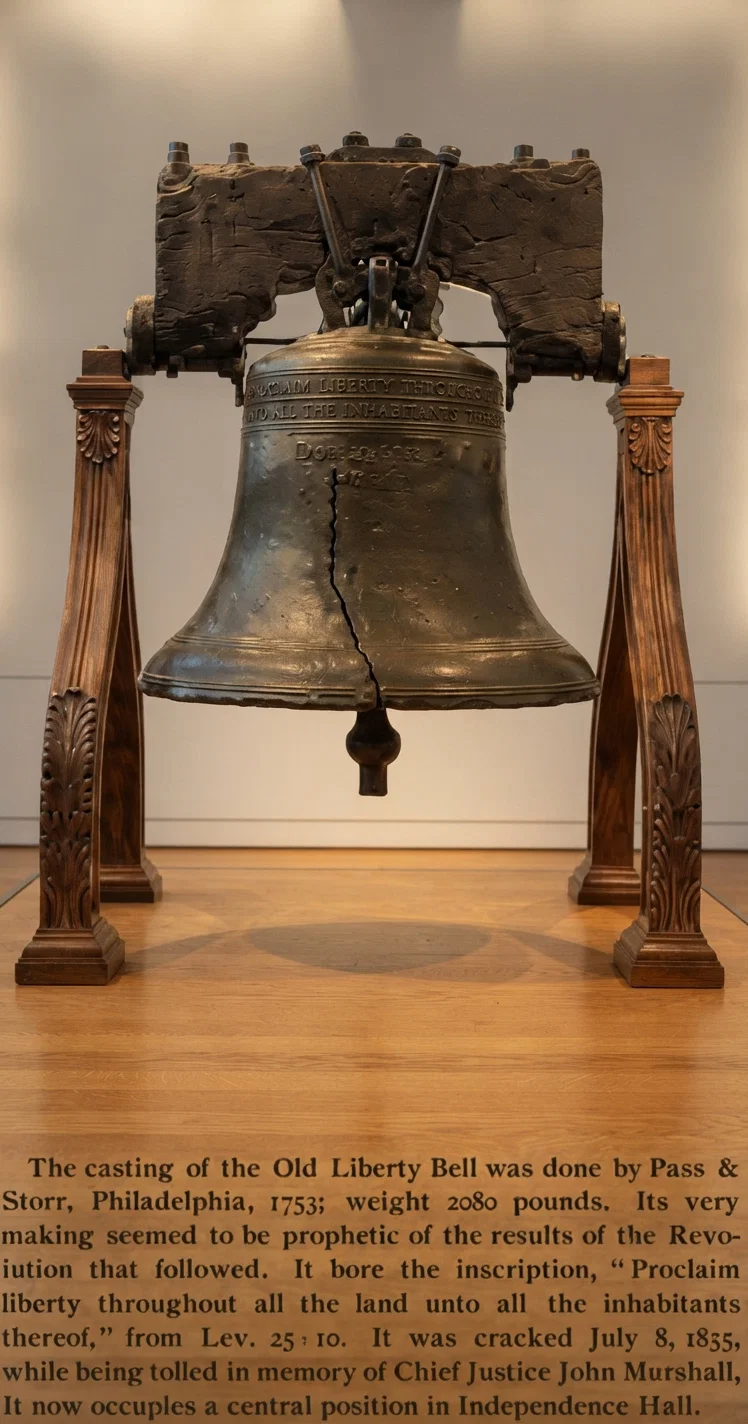 Old Liberty Bell. The casting of the Old Liberty Bell was done by Pass & Storr, Philadelphia, 1753; weight 2080 pounds. Its very making seemed to be prophetic of the results of the Revolution that followed. It bore the inscription, "Proclaim liberty throughout all the land unto all the inhabitants thereof," from Lev. 25: 10. It was cracked July 8, 1835, while being tolled in memory of Chief Justice John Marshall. It now occupies a central position in Independence Hall.