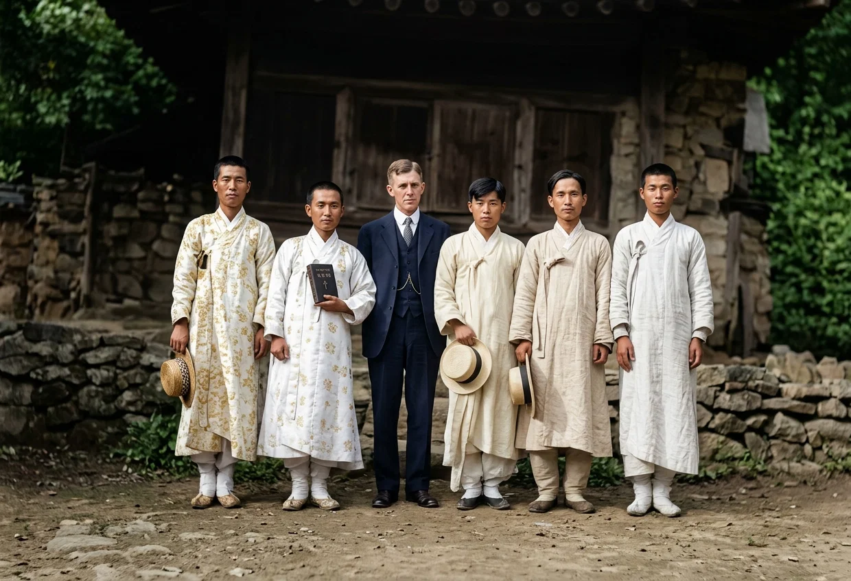 KOREAN PREACHERS, ELDER C. K. BUTTERFIELD STANDING WITH THEM