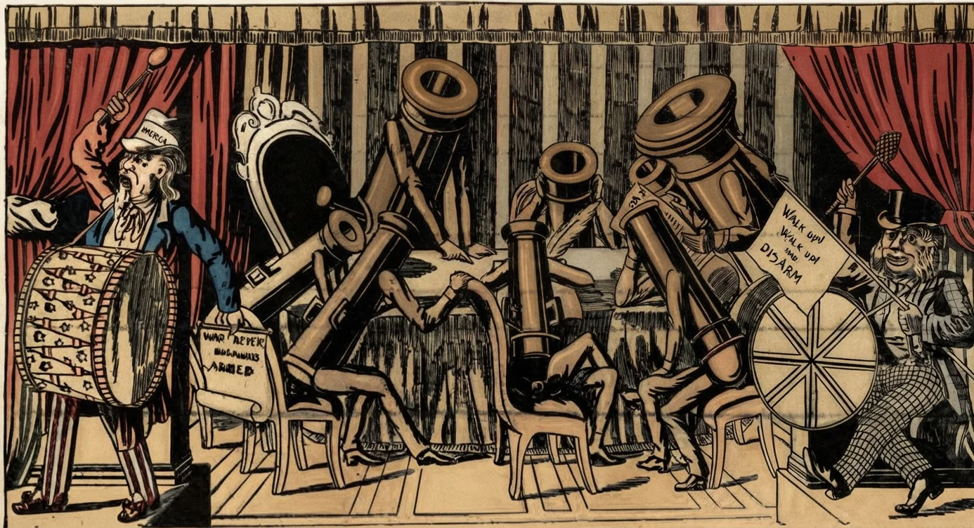 The talk in favor of peace while the world goes on preparing for war is a favorite topic for the cartoonist. The above is one of the very many suggestive sketches that are published almost daily.