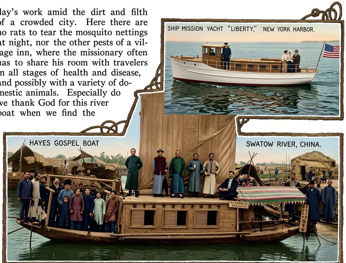 SHIP MISSION YACHT “LIBERTY,” NEW YORK HARBOR; HAYES GOSPEL BOAT; SWATOW RIVER, CHINA