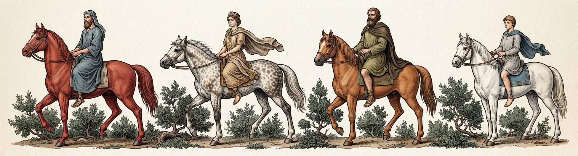 Behold, a man riding upon a red horse, and he stood among the myrtle trees that were in the bottom; and behind him were there red horses, speckled and white.