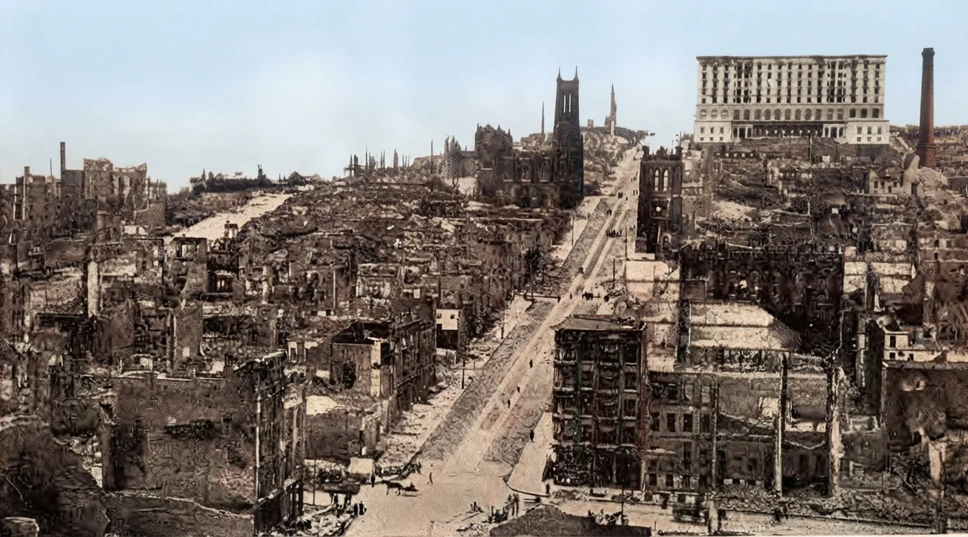 A fine view of the ruins looking from the Kohl Building up California Street to Nob Hill. The large square building on the top of the hill is the Fairmont Hotel. Injured little by the earthquake, but all the woodwork in it was consumed by the fire. On the other side of the street farther up the hill is the remains of a large Episcopal Church, while one tall chimney nearly opposite the Fairmont Hotel is all that is left of the Hopkins Art Institute, with many of its priceless treasures of art. Many were removed to the University at Berkeley, but a great many of them also perished.