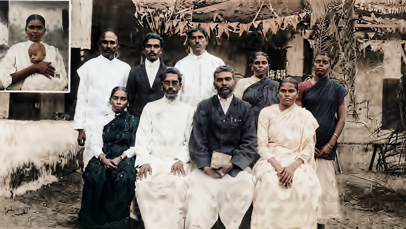 Group of our Tamil workers in charge of the Nazareth mission school, South India. Brother E. D. Thomas, superintendent of the mission, with his wife, are seated at the right. They are natives of India, and were carved out of raw heathenism by the gospel. Sister Thomas, with her first baby, is shown in the upper left-hand corner.