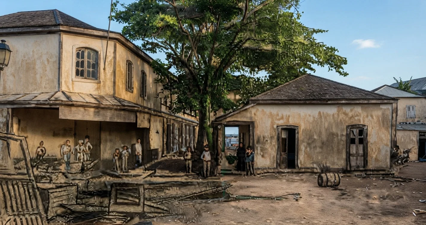 The main street in Papeete is shown in the photograph, with the custom-house in the middle of the street, where it was swept from its location seventy-five feet back by the tidal wave. The building with the wreckage in the front of it contains the offices of the Oceanic Steamship Company.