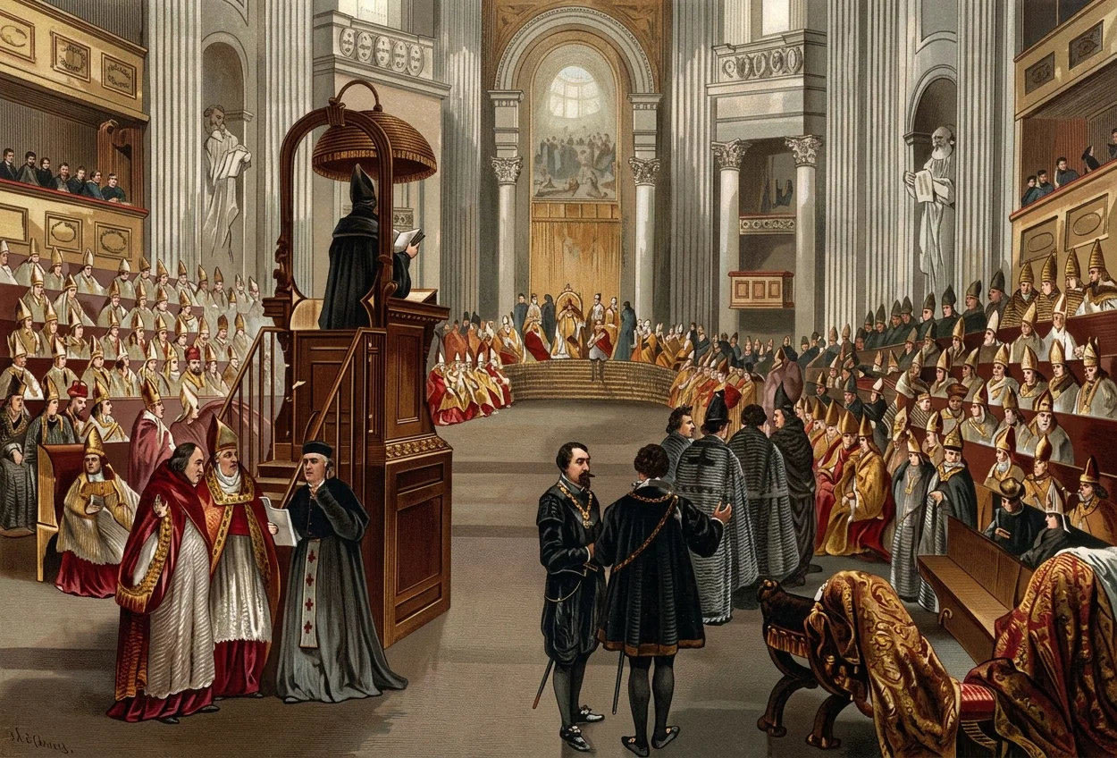 Proclaiming the Dogma of Papal Infallibility.