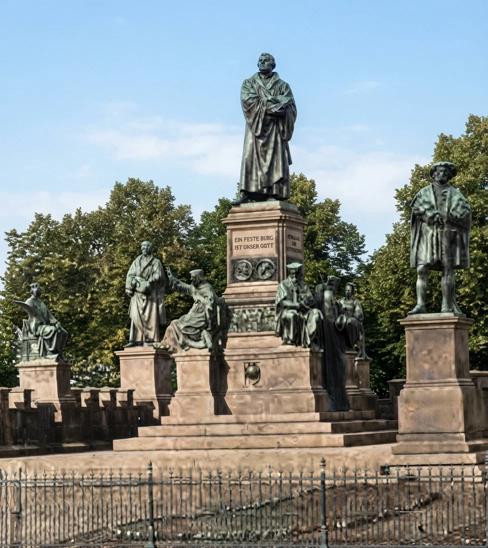 Statue of Martin Luther, the great German Reformer, who repudiated the interference of the State in religious matters. The basis of Christianity was the Word of God.