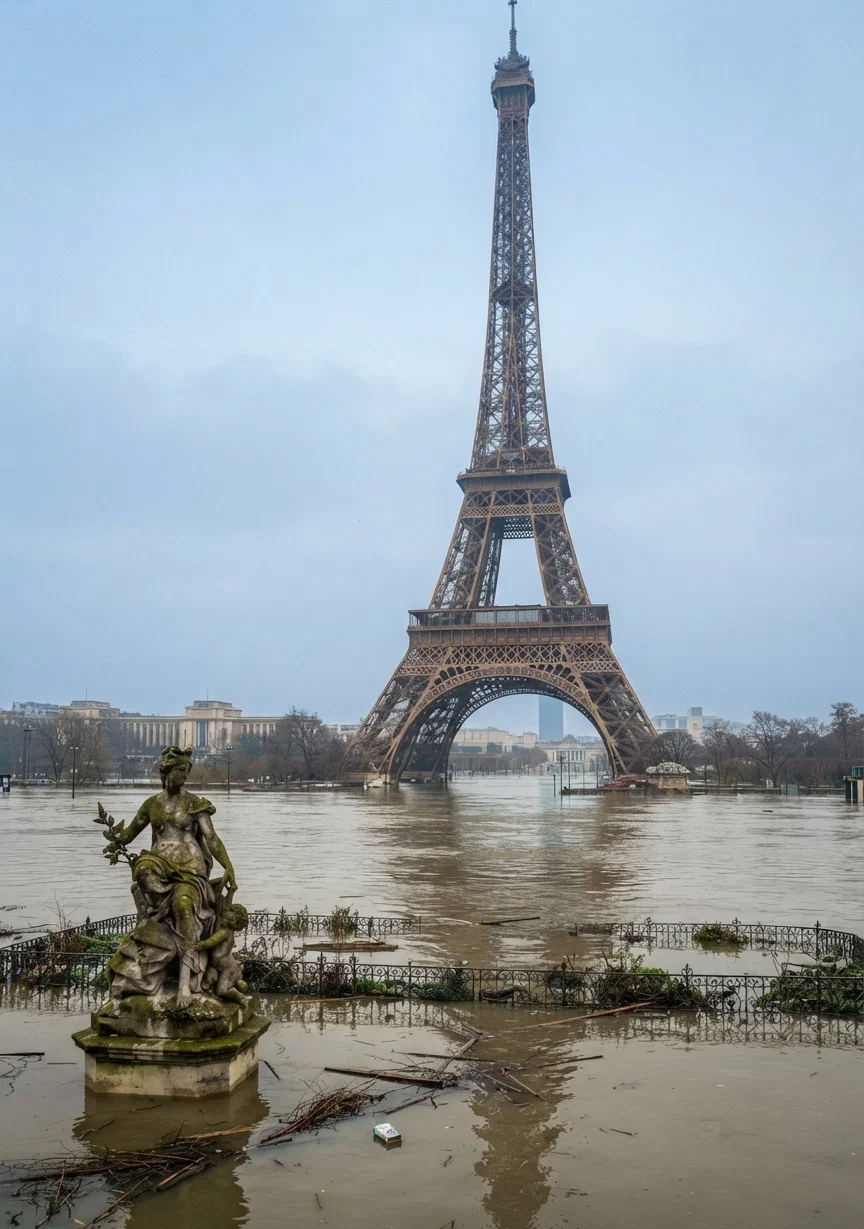 The Eiffel Tower, 1,000 feet high—the base submerged in water, and its safety feared