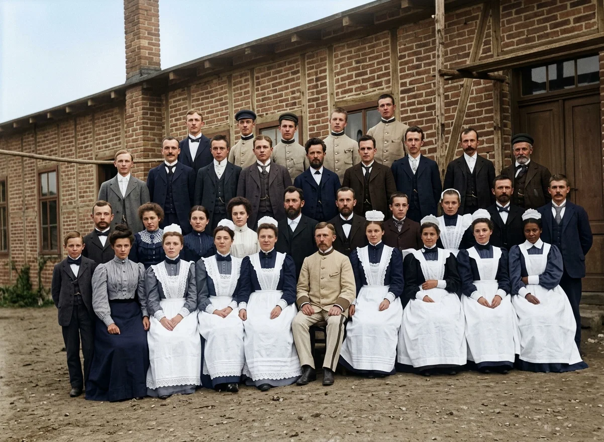 STUDENTS AND SCHOOL BUILDING AT FRIEDENSAU
