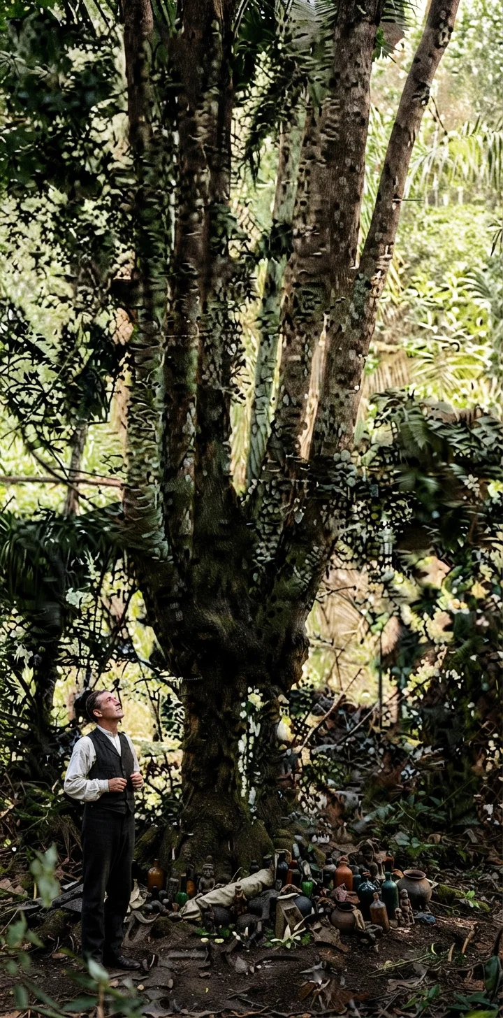 Fetish tree at Poh Lokkah, Sierra Leone, West Africa, where human sacrifices used to be offered. Elder French is shown in the picture.