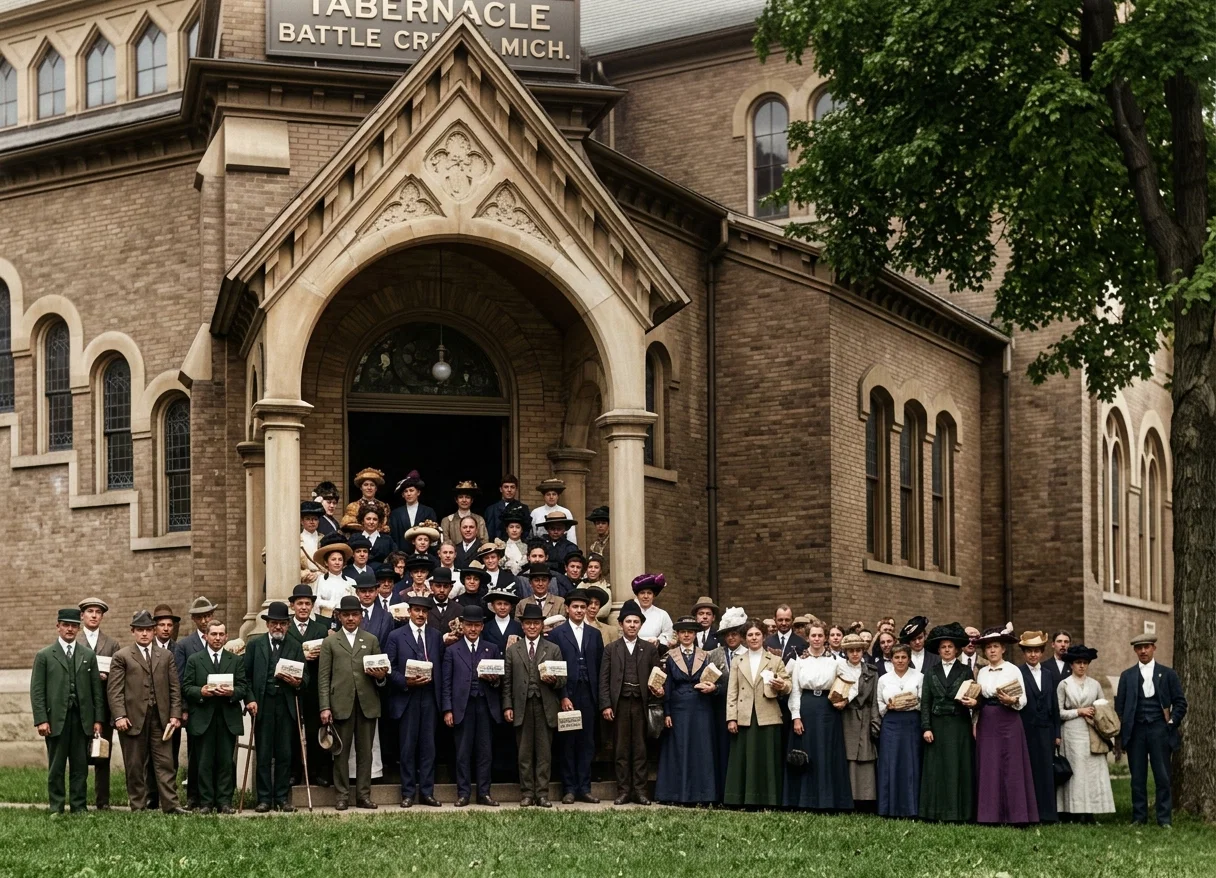 TRACT WORKERS AT ENTRANCE OF TABERNACLE, BATTLE CREEK, MICH.