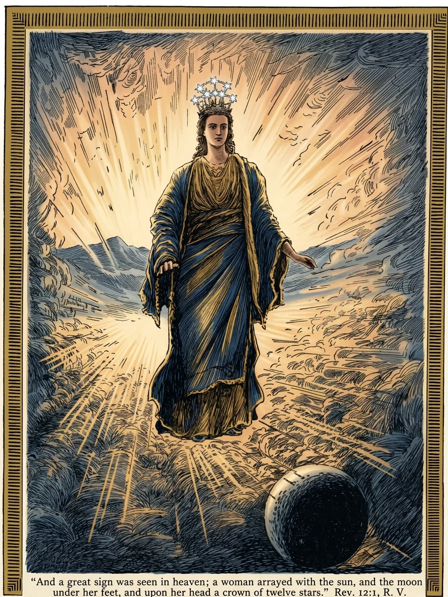 "And a great sign was seen in heaven; a woman arrayed with the sun, and the moon under her feet, and upon her head a crown of twelve stars." Rev. 12:1, R. V.