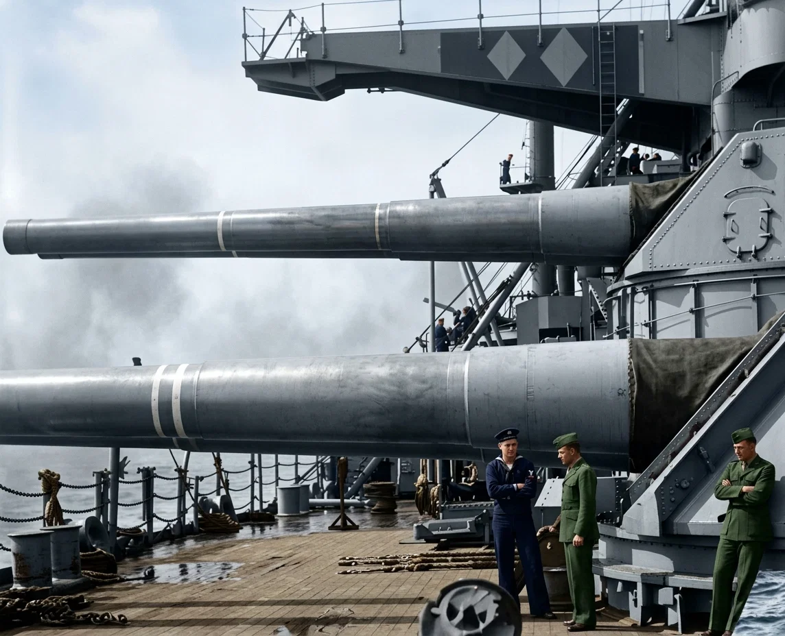 Looking under the huge turret rifles of the U. S. S. "West Virginia." The great guns of modern warships can fire tons of steel at targets many miles away. Surely such developments do not presage peace for the future.