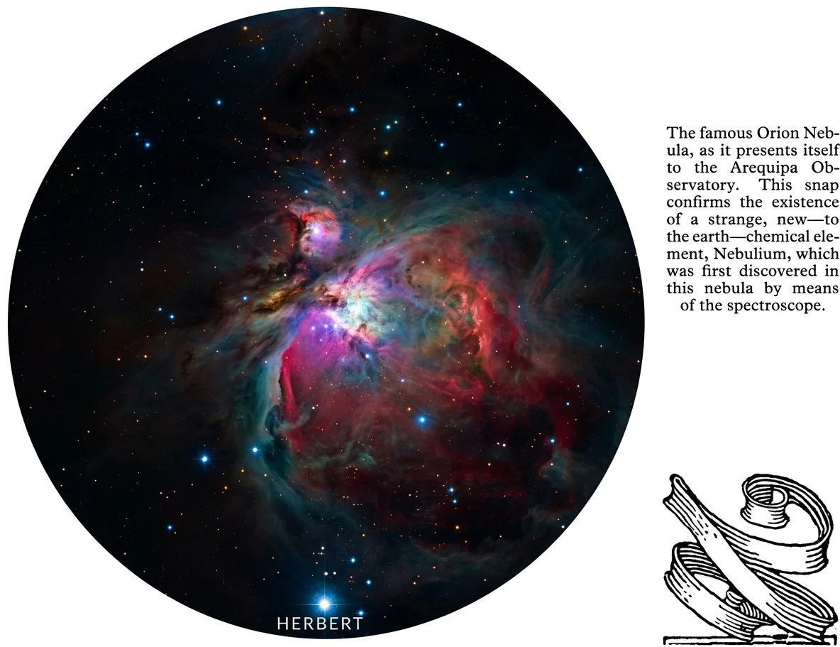 The famous Orion Nebula, as it presents itself to the Arequipa Observatory. This snap confirms the existence of a strange, new—to the earth—chemical element, Nebulium, which was first discovered in this nebula by means of the spectroscope.