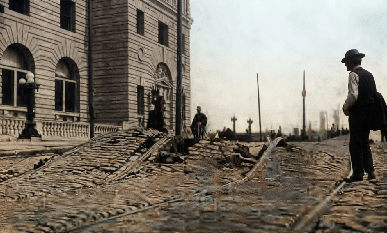 A view showing the power of the earthquake in front of the new Post Office Building, Seventh and Mission Streets. This street was previously level. The new Post Office Building was not greatly injured.