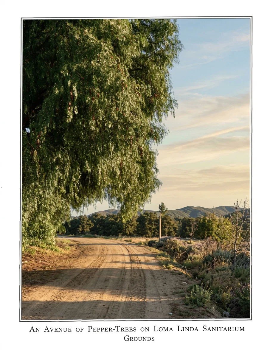 AN AVENUE OF PEPPER-TREES ON LOMA LINDA SANITARIUM GROUNDS