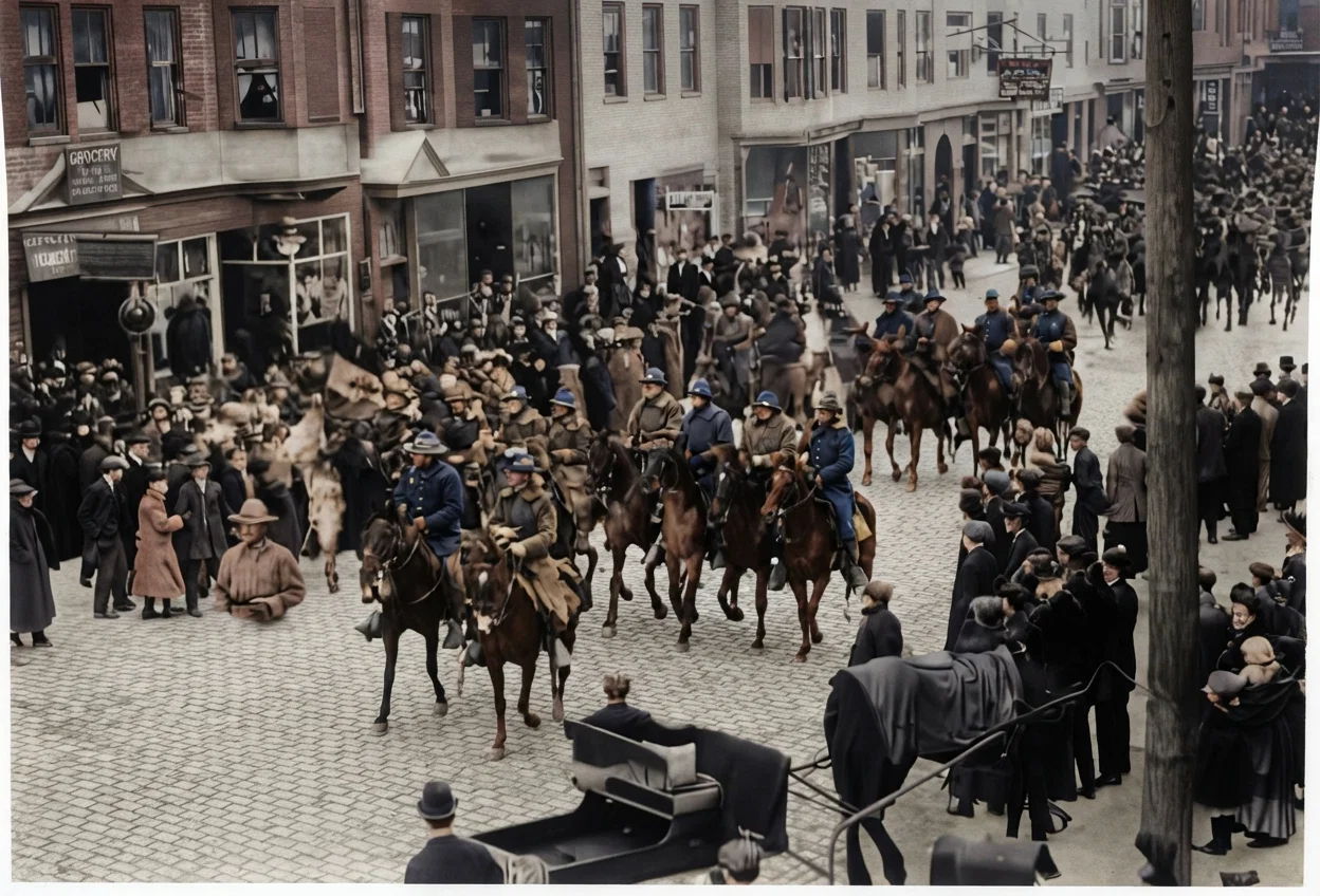 A troop of cavalry preventing a demonstration at the funeral of a woman who was killed in a strike riot in Lawrence, Massachusetts, recently. This is merely illustrative of the war that is coming on all over the world between capital and labor.