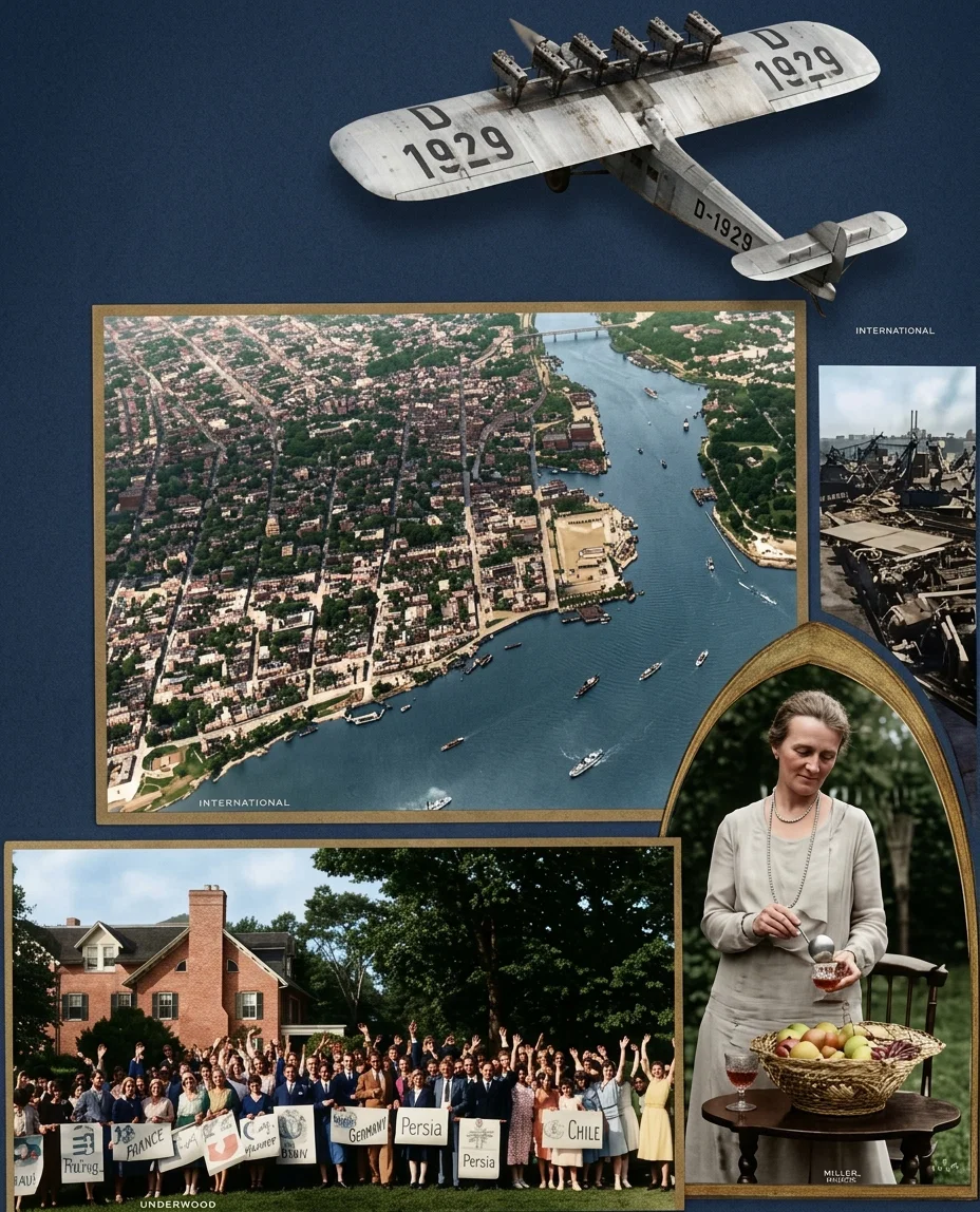 3. The casualties, dead and wounded, were estimated at close to 10,000.

Lower left. Some of the one hundred foreign men and women students who will attend American colleges and universities this year under scholarships granted them by the Institute of International Education.

Lower right. Mrs. James M. Doran, wife of the Prohibition Commissioner, and author of a recipe book, “Prohibition Punches,” is here shown on the lawn of her home in Washington, D. C., about to serve one of her “liquorless” punches, made of fruits, their juices, and waters.