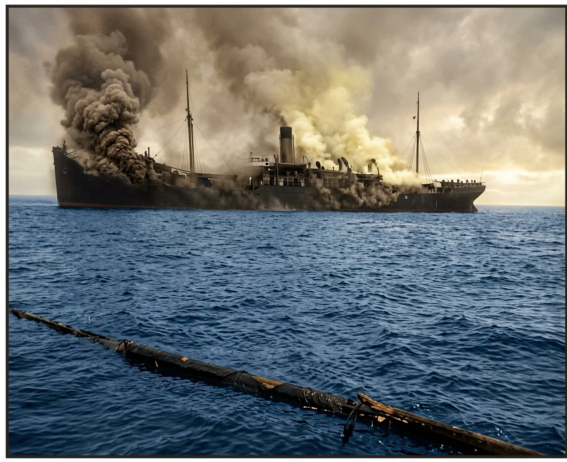 Steamship Roraima, many of the crew and passengers of which were burned before they were rescued.