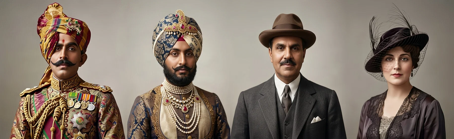 From left to right: the maharaja of Bikaner, the maharaja of Patiala, the maharaja of Kapurthala, with his Spanish wife.