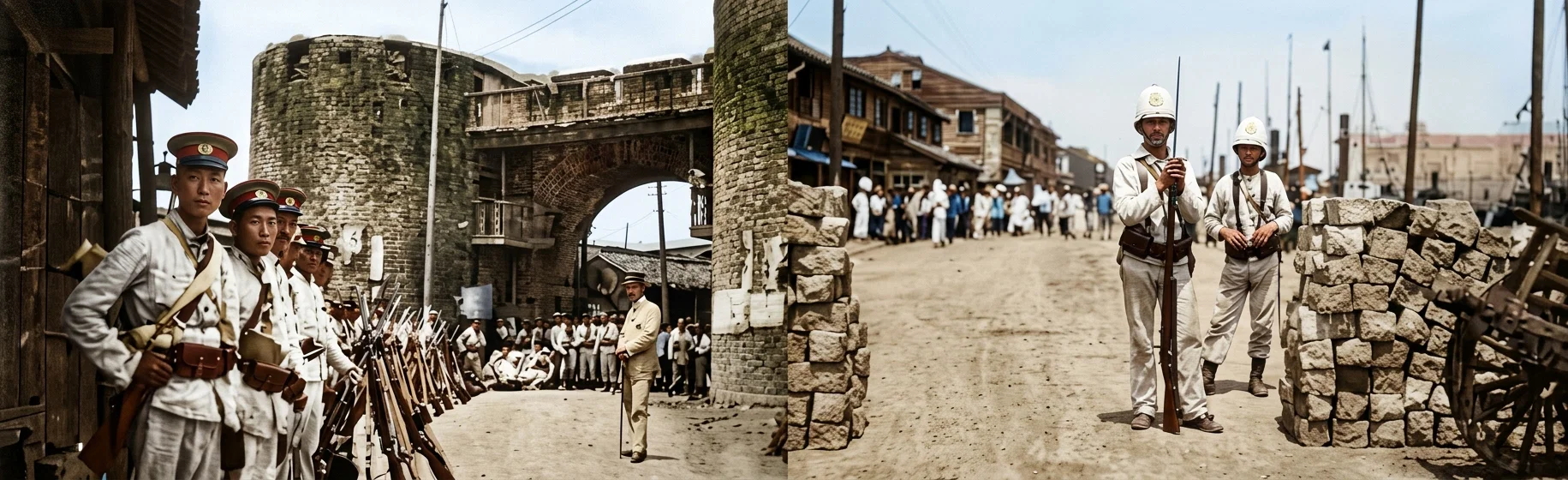Peking soldiers guarding entrance to the arsenal, Shanghai French soldiers guarding entrance to the foreign settlement