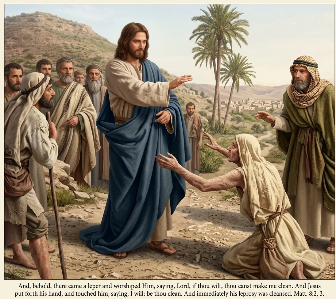And, behold, there came a leper and worshiped Him, saying, Lord, if thou wilt, thou canst make me clean. And Jesus put forth his hand, and touched him, saying, I will; be thou clean. And immediately his leprosy was cleansed. Matt. 8:2, 3.