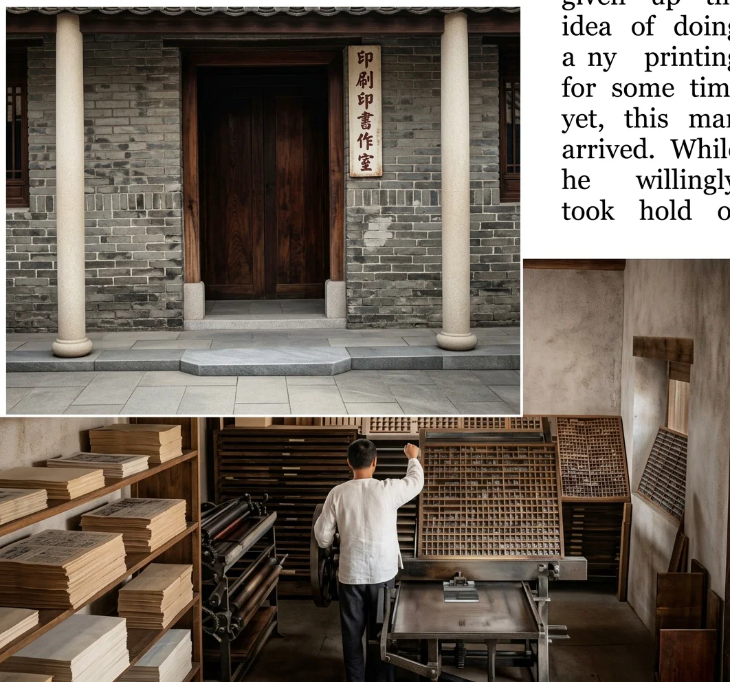 A CHINESE PRINTING-OFFICE.  EXTERIOR AND INTERIOR
