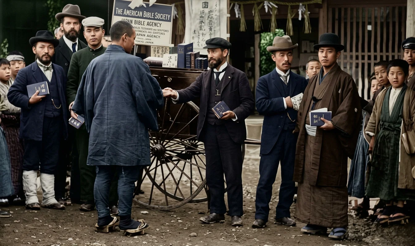 BIBLE-SELLING IN THE STREETS OF JAPAN
By permission of the American Bible Society