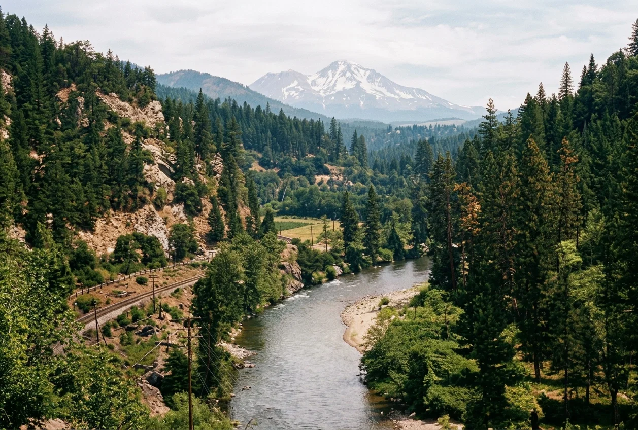 CALIFORNIA SCENERY, No. 30.—The famous mountain pictured above, stands in the midst of a family of giant peaks, ranging from 6,000 to 9,000 feet above the level of the sea. Its nearer neighbors, coming within a radius of 20 miles, are the Castle Crags, Muir’s Peak, Tamarac Peak, Mount Eleanor, Mount Eddy, Lassen Peak, Bournery Peak, and Bully Chup, all of which are over 6,000 feet in height; but far above them towers the lofty, lonely sentinel of Shasta, with head muffled in perpetual hood of glistening snow. Its peak extends above the snow line about 5,000 feet; its proportions are majestic; its profile, long and sweeping. Mount Shasta stands 14,442 feet above the sea, the highest peak in the Sierra range, and one of the grandest mountains in the world.