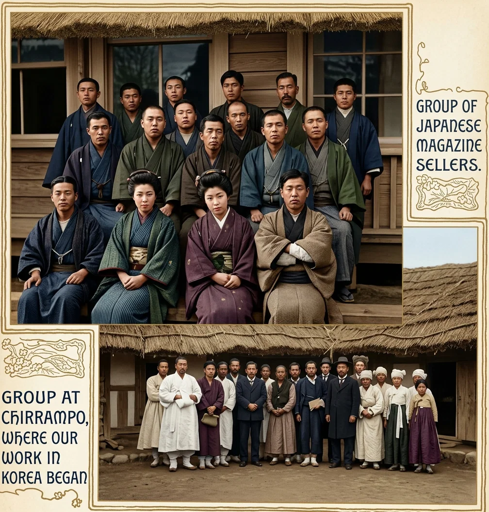 GROUP OF JAPANESE MAGAZINE SELLERS.
GROUP AT CHIRRAMPO WHERE OUR WORK IN KOREA BEGAN