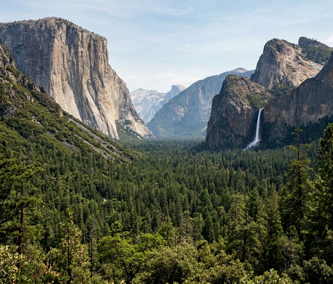 CALIFORNIA SCENERY. No. 29.—General view of Yosemite Valley. At the right of the picture is Bridal Veil Fall, 900 feet high. At the left is seen El Capitan, the guardian of the lower end of the valley, above which he towers 3,300 feet. In the background are the cliffs that inclose this wonderful vale, ending with Half Dome, dimly seen in the distance. The valley at its lower end is about three-fourths of a mile wide.