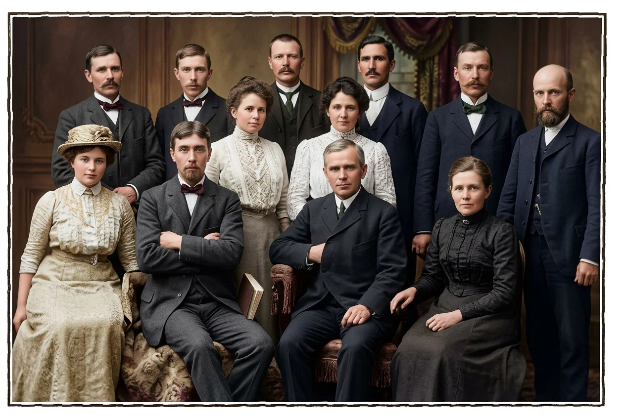 SIX IN REAR, COLPORTEURS; THIRD FROM LEFT IN CHARGE OF BOOK WORK
No. 7 has charge of office; No. 9 of treatment rooms; Nos. 1 and 2, Brother and Sister Gulbrandson, now in Canada; Nos. 3 and 4, Brother and Sister O. J. Olsen, in charge of Iceland Mission.