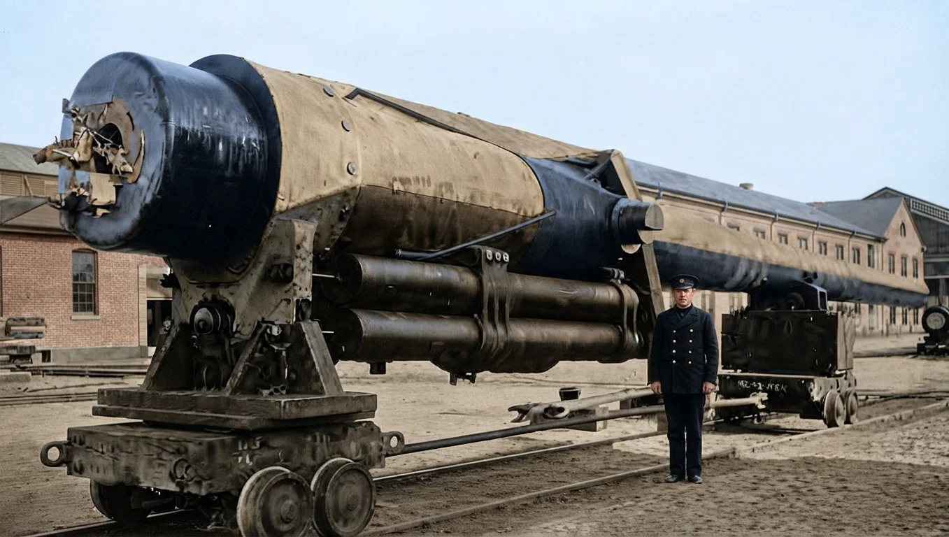Monster 14-inch Gun at Washington Navy Yard. One year was required to complete it. It shoots a projectile weighing 1,400 pounds with a velocity of 3,600 foot-seconds, representing a muzzle energy of 65,600 foot-tons. The new Dreadnoughts will be fitted with these monsters of destruction. (Photo Copyright Clinedinst, Washington, D. C.)