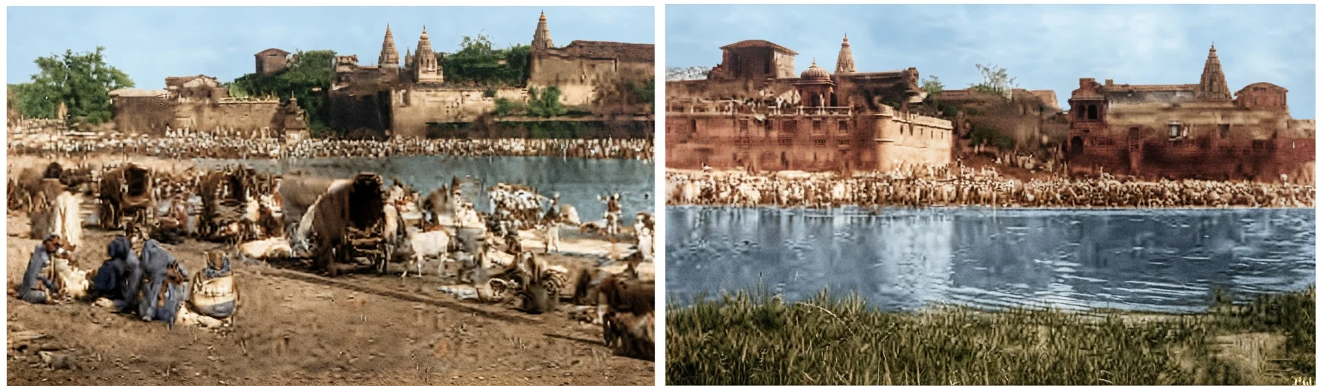 Two scenes of a Hindu religious fair, near Puna, India. More than 200,000 people trying to wash away their sins in the Ganges. Hindu temples in the background.