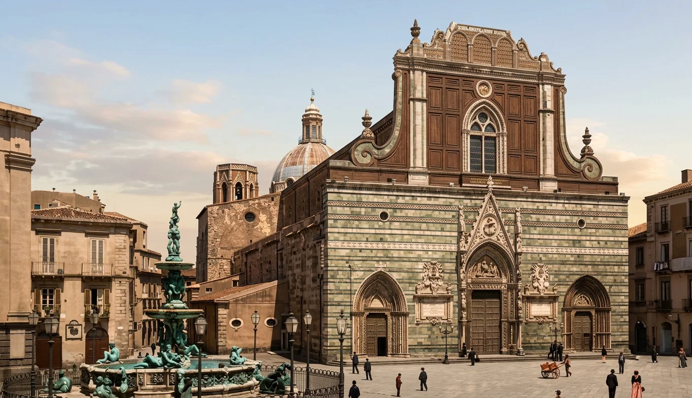 THE CATHEDRAL OF MESSINA BEFORE THE EARTHQUAKE: A FAMOUS FOUNTAIN AT THE LEFT.
