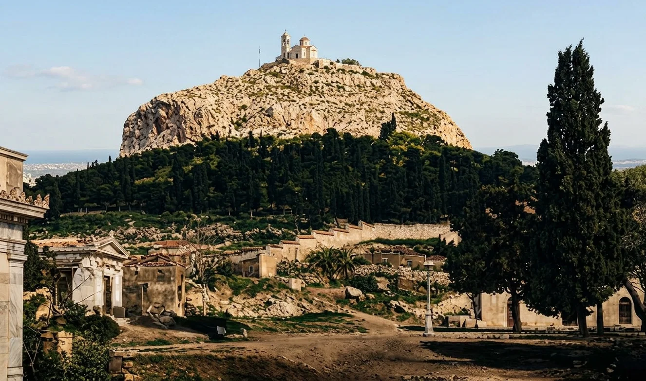 Mount Lycabettus, which overlooks Athens. On the summit is the chapel of St. George, built by Queen Olga.