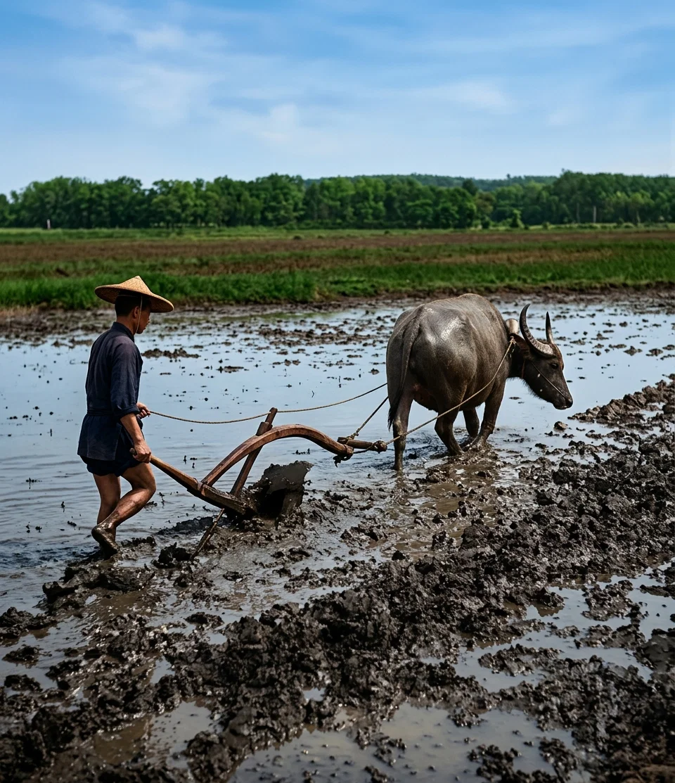 A CHINESE FARMER PLOWING FOR RICE
