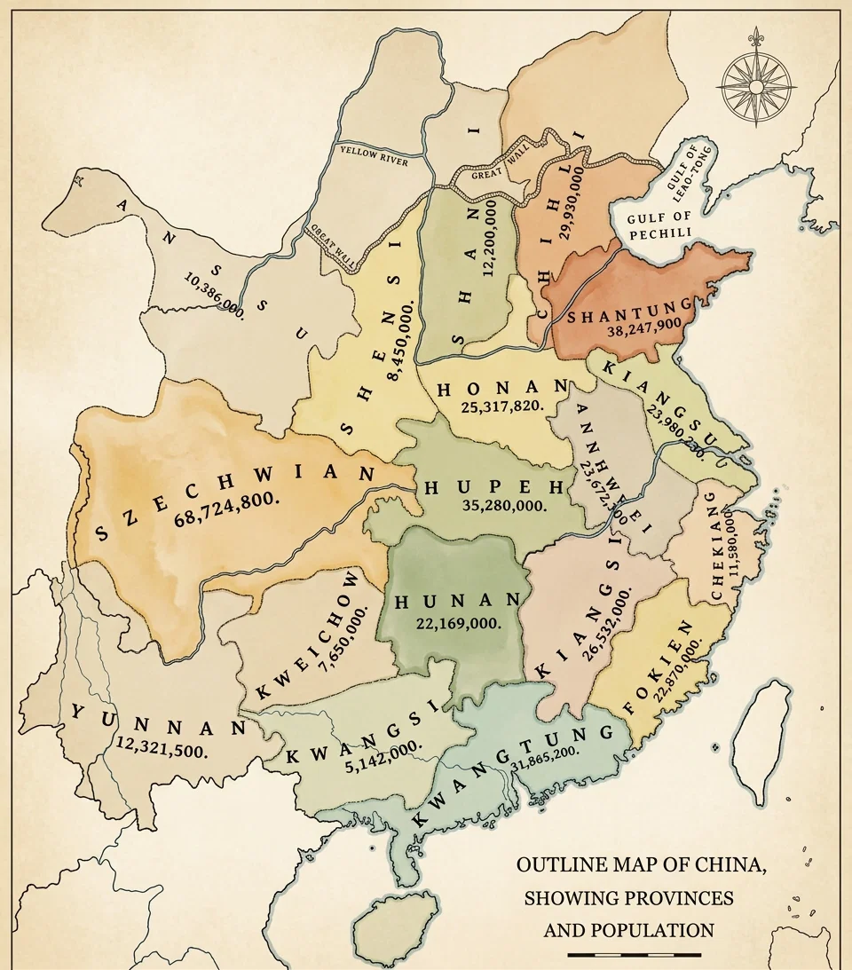 OUTLINE MAP OF CHINA,
SHOWING PROVINCES
AND POPULATION