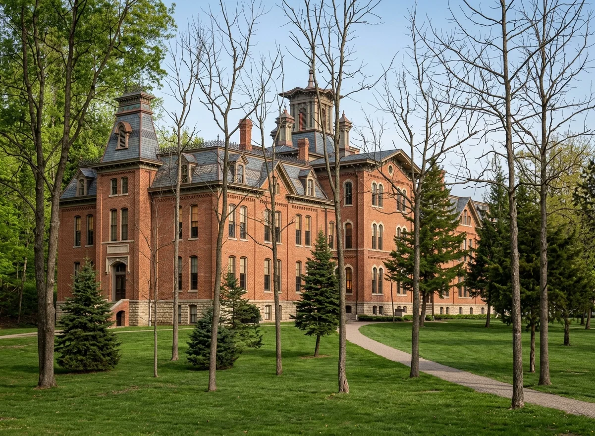 A LARGE BUILDING FORMERLY OCCUPIED BY BATTLE CREEK COLLEGE.—THE NORTH END IS NOW OCCUPIED BY THE AMERICAN MEDICAL MISSIONARY COLLEGE, THE MIDDLE AND SOUTH PORTIONS BEING OCCUPIED BY THE BUSINESS OFFICES OF THE SANITARIUM. THE UPPER FLOORS ARE USED AS DORMITORIES, AND THE BASEMENT OF THE SOUTH END IS BEING FITTED UP FOR TREATMENT ROOMS.