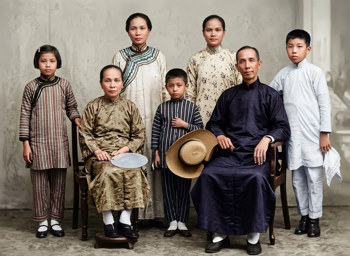 BROTHER CHAN AND FAMILY
Brother Chan is our Chinese laborer at Singapore. His two eldest daughters, Teck Soon and Teck Sung, standing in the rear, are Bible workers