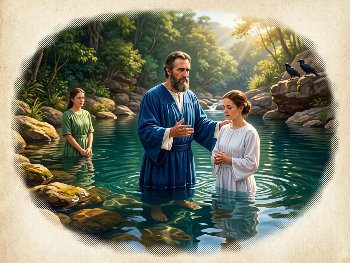 BAPTISMAL SCENE, ELDER W. C. ISING OFFICIATING, BY THE BROOK CHERITH, WHERE ELIJAH WAS FED BY RAVENS